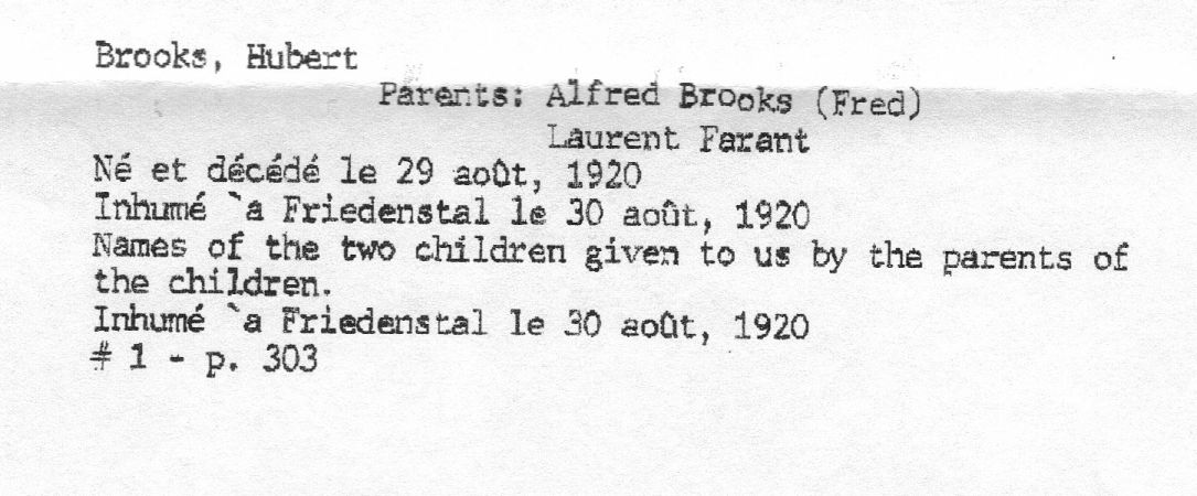 Burial Certificate in Friedenstal Cemetery for Hubert Brooks  